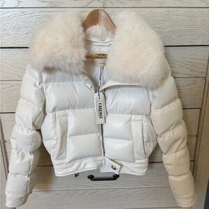 L'AGENCE White Bomber style Puffer Jacket with Faux Fur Collar